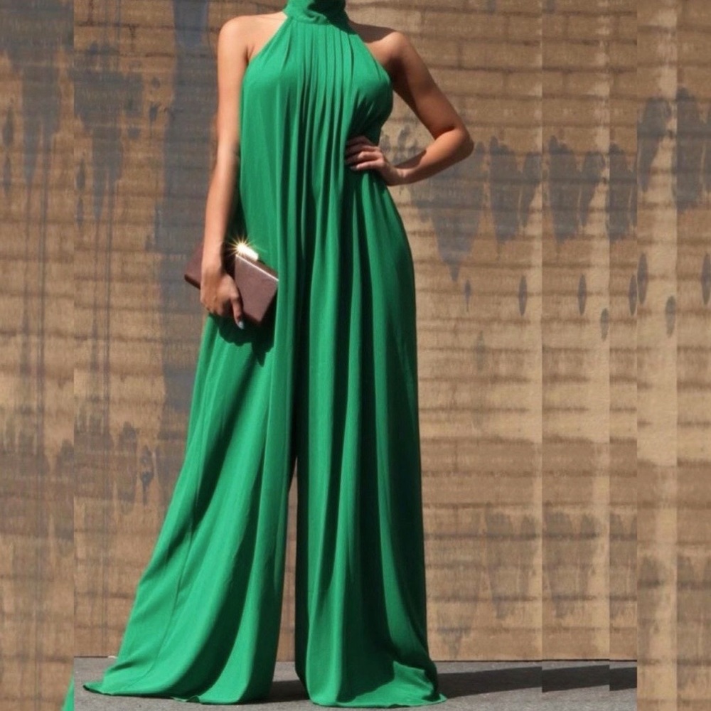 High Neck Green Flowy Jumpsuit